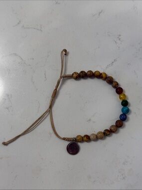 Adjustable Beaded Chakra Bracelet in Brown with Multicolor Accent